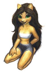  albedo_anthropomorphics anthro avoid_posting big_eyes biped brown_hair clothed clothing domestic_cat erma_felna erma_felna:_edf felid feline felis female front_view full-length_portrait green_eyes hair high-angle_view kneeling long_hair looking_at_viewer mammal open_mouth painting_(artwork) portrait sharp_teeth simple_background skimpy solo steve_gallacci teeth topwear traditional_media_(artwork) tube_top white_background 