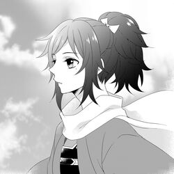  1boy bow commentary_request greyscale hairbow haori japanese_clothes male_focus mole mole_under_eye monochrome ponytail rio_(rio_01) scarf solo touken_ranbu upper_body yamato-no-kami_yasusada 