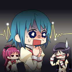  3girls akemi_homura black_hair blue_hair bow braid commentary_request facepalm frown glasses hairband hairbow kairakuen_umenoka long_hair mahou_shoujo_madoka_magica mahou_shoujo_madoka_magica_(anime) miki_sayaka mitakihara_school_uniform moe_musume multiple_girls open_mouth parody pixiv ponytail red-framed_eyewear red_hair sakura_kyoko school_uniform semi-rimless_eyewear short_hair tablet_pc twin_braids under-rim_eyewear 