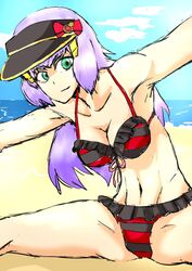  aqua_eyes bikini breasts commentary_request female gundam gundam_exa highres long_hair mi-take multicolored_hair solo sthesia_awar_acht stretching striped_bikini striped_clothes swimsuit two-tone_hair visor_cap 