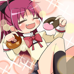  black_socks commentary_request doughnut female food kairakuen_umenoka long_hair mahou_shoujo_madoka_magica mahou_shoujo_madoka_magica_(anime) mitakihara_school_uniform moe_musume oerba_yun_fang open_mouth parody pixiv ponytail red_hair sakura_kyoko school_uniform smile socks solo 