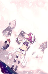  1boy ahoge bad_id bad_pixiv_id brown_hair choker cold detached_sleeves dutch_angle female flat_chest fujiwara_yumeji hat highres jacket merry_nightmare midriff miso_(appanjo) navel pointy_ears purple_hair ribbon short_hair skirt snow snowing striped_clothes striped_thighhighs thighhighs trembling yumekui_merry zettai_ryouiki 