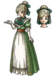  blonde_hair blue_eyes dragon_quest dragon_quest_ix dress earrings gloves hair_bun hairbun jewelry looking_at_viewer official_art roxanne_(dq9) sellma toriyama_akira 