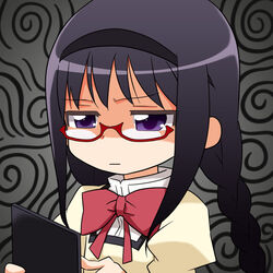  akemi_homura black_hair braid commentary_request female glasses hairband kairakuen_umenoka long_hair mahou_shoujo_madoka_magica mahou_shoujo_madoka_magica_(anime) mitakihara_school_uniform moe_musume parody pixiv purple_eyes red-framed_eyewear school_uniform semi-rimless_eyewear solo tablet_pc twin_braids under-rim_eyewear upper_body 