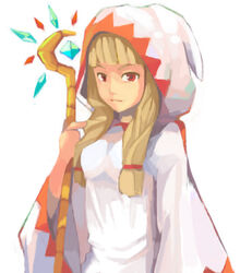  blonde_hair blunt_bangs braid commentary_request elrowa female final_fantasy final_fantasy_tactics gloves hair_over_shoulder hood long_hair lowres red_eyes robe simple_background solo staff twin_braids twintails upper_body weapon white_background white_mage_(fft) white_mage_(final_fantasy) 