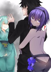  1boy 2girls ? angry aqua_hair ass aura backless_outfit bare_back bare_shoulders black_hair butt_crack commentary_request dark-skinned_female dark_skin false_smile fate/grand_order fate/prototype fate/prototype:_fragments_of_blue_and_silver fate_(series) flower fujimaru_ritsuka_(male) hands_up hassan_of_serenity_(fate) highres horns hug hug_from_behind japanese_clothes kimono kiyohime_(fate) long_hair looking_at_viewer multiple_girls nervous purple_eyes purple_hair scared shaded_face short_hair skin_tight smile spoken_question_mark sweatdrop tanuki_(siutkm0228) 