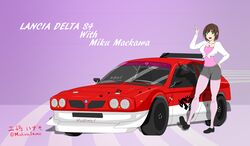  brown_hair car commentary_request female green_eyes idolmaster idolmaster_cinderella_girls izumo_mishima lancia_(brand) lancia_delta_s4 maekawa_miku motor_vehicle pink_legwear race_vehicle racecar rally_car short_hair solo vehicle_focus 