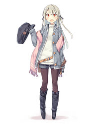  bag blush boots buttons cabbie_hat camera commentary_request fanny_pack female full_body hat holding holding_clothes holding_hat jacket long_hair long_sleeves looking_at_viewer open_mouth original pantyhose pink_scarf poco_(asahi_age) red_eyes scarf shorts simple_background smile solo standing unworn_hat unworn_headwear white_background white_hair yukimi_(poco) 