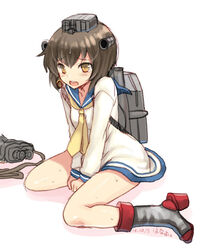  blush brown_hair commentary_request dress female kantai_collection kumao_mofumofu open_mouth sailor_collar sailor_dress short_hair sitting solo wariza yellow_eyes yukikaze_(kancolle) 