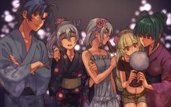  1boy 4girls ahoge akari_acura antenna_hair blonde_hair blue_hair brown_eyes butterfly_hair_ornament casual chaika_bogdan chaika_trabant closed_eyes commentary_request contemporary cotton_candy crossed_arms dress eating eyebrows festival flower frederika_(hitsugi_no_chaika) green_hair grey_hair hair_between_eyes hair_flower hair_ornament hair_up hairband hare_(haaale) hitsugi_no_chaika japanese_clothes kimono long_hair looking_at_another looking_at_viewer looking_away midriff multiple_girls open_mouth ponytail purple_eyes red_eyes short_hair shorts smile tooru_acura yukata 