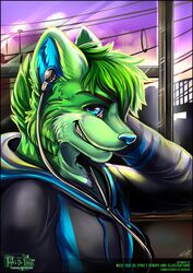  2017 afternoon anthro apple_inc. arm_support artist_logo artist_name baroshi_(baroshi) bent_arm blue_eyes blue_inner_ear_fluff blue_nose building bust_portrait canid canine canis city cityscape clothed clothing cloud commissioner_name countershading dated digital_media_(artwork) digital_painting_(artwork) earbuds elbow_on_furniture electronics english_text fully_clothed fur glistening glistening_body glistening_eyes glistening_fur glistening_hair green_body green_countershading green_fur green_hair green_text hair hand_on_head headphones hoodie in_railcar inner_ear_fluff ipod iris light_body listening_to_music logo looking_at_viewer male mammal moving_vehicle music passenger_railcar portable_music_player portrait public_transportation pupils purple_sky rail_transit railcar railway railway_track resting_head shaded side_view signature sitting sky smile smirk soft_shading solo sunset text topwear toxi_de_vyne_(artist) train tuft urban url utility_line utility_pole vehicle window window_seat wolf year 