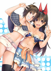  2girls :d antenna_hair arm_on_another&#039;s_shoulder arm_up bare_shoulders belt black_legwear blue_bra blue_skirt blush bra breasts brown_hair buckle cleavage clothes_around_waist collarbone commentary_request cowboy_shot dark-skinned_female dark_skin dutch_angle ganaha_hibiki garter_straps grin hair_ribbon highres idolmaster idolmaster_(classic) kikuchi_makoto layered_skirt long_hair looking_at_viewer medium_breasts midriff multiple_girls navel oerba_yun_fang off_shoulder open_mouth pink_eyes polka_dot polka_dot_background ponytail red_ribbon ribbon short_hair shorts simple_background skirt smile star_(symbol) stomach strap_slip teeth thighhighs thighs torii_yoshitsuna underboob underwear v_over_eye very_long_hair white_shorts 