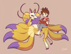  2boys amano_keita animal_ears bad_id bad_pixiv_id belt blue_sclera book brown_eyes brown_hair claws colored_sclera crossed_legs digitigrade fox_ears fox_tail fur_collar head_rest kitsune kyuubi kyuubi_(youkai_watch) multiple_boys multiple_tails no_shoes open_book reading red_shirt remotarou shirt short_hair short_ponytail signature simple_background sitting sitting_on_lap sitting_on_person snout socks t-shirt tail traditional_youkai watch yellow_eyes youkai_(youkai_watch) youkai_watch youkai_watch_(object) 