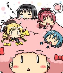  &gt;_&lt; 5girls :&gt; :&lt; :3 :d =_= afro akemi_homura beamed_eighth_notes blush_stickers chibi closed_eyes commentary_request cotton_candy eighth_note huge_afro k10k kaname_madoka magical_girl mahou_shoujo_madoka_magica mahou_shoujo_madoka_magica_(anime) miki_sayaka miki_sayaka_(magical_girl) multiple_girls musical_note o_o oerba_yun_fang open_mouth pink_hair quarter_note ribbon sakura_kyoko sakura_kyoko_(magical_girl) smile spoken_food thought_bubble tomoe_mami tomoe_mami_(magical_girl) xd zzz |_| 