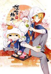  3boys :t animal_hood aqua_eyes black_eyes blonde_hair cherry_blossoms chibi commentary_request cup dango eating egasumi food food_on_head fruit fruit_on_head green_tea hood male_focus mandarin_orange mini_person miniboy monkey_hood monkey_tail multiple_boys multiple_persona necktie new_year object_on_head petals sanshoku_dango sitting tail tea touken_ranbu verus wagashi yamanbagiri_kunihiro yunomi 