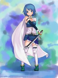  bad_id bad_pixiv_id bare_shoulders blue_eyes blue_hair blush cape commentary_request female magical_girl mahou_shoujo_madoka_magica mahou_shoujo_madoka_magica_(anime) miki_sayaka miki_sayaka_(magical_girl) nori_(arara105) scabbard sheath short_hair smile solo sword thighhighs weapon 