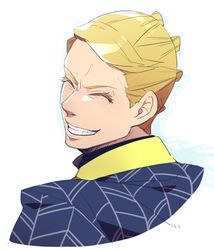  1boy blonde_hair closed_eyes commentary_request from_behind grin hanaichi_(hana13) jojo_no_kimyou_na_bouken looking_back lowres male_focus prosciutto smile solo upper_body 