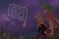  2girls :3 aerial_fireworks ahoge bad_id bad_pixiv_id bili_girl_22 bili_girl_33 bilibili dutch_angle fireworks grass hair_ornament hair_ribbon highres hugging_own_legs leung_ka_che multiple_girls night one_side_up outdoors red_eyes ribbon short_hair sitting sky star_(sky) starry_sky television xiao_dianshi 