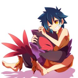  1boy bad_id bad_pixiv_id barefoot beak bird blue_hair blush closed_eyes digimon digimon_(creature) digimon_savers facial_mark falcomon feathers grin hug lemon_(wzcrybmi) noguchi_ikuto one_eye_closed shorts sitting smile talons wings yellow_eyes 