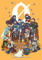  6+boys 6+girls alm_(fire_emblem) ancestor_and_descendant animal animal_on_shoulder armor bird bird_on_shoulder blonde_hair blue_hair boots breasts brown_hair cape card card_game carrying celica_(fire_emblem) chair cheering chrom_(fire_emblem) cleavage cloak closed_eyes commentary_request copyright_name corrin_(female)_(fire_emblem) corrin_(fire_emblem) corrin_(male)_(fire_emblem) desk eirika_(fire_emblem) eliwood_(fire_emblem) emma_(fire_emblem) ephraim_(fire_emblem) father_and_daughter father_and_son fire_emblem fire_emblem:_genealogy_of_the_holy_war fire_emblem:_mystery_of_the_emblem fire_emblem:_path_of_radiance fire_emblem:_radiant_dawn fire_emblem:_the_binding_blade fire_emblem:_the_blazing_blade fire_emblem_awakening fire_emblem_cipher fire_emblem_echoes:_shadows_of_valentia fire_emblem_fates green_eyes green_hair grey_hair hair_ribbon hairband hand_on_own_chest headband headdress hector_(fire_emblem) ike_(fire_emblem) indian_style juliet_sleeves kita_senri leaning_forward long_hair long_sleeves lucina_(fire_emblem) lugh_(fire_emblem) lyn_(fire_emblem) marth_(fire_emblem) medium_breasts micaiah_(fire_emblem) multiple_boys multiple_girls official_art open_mouth orange_background photoshop_(medium) piggyback pointy_ears ponytail puffy_sleeves red_hair ribbon roy_(fire_emblem) seiza seliph_(fire_emblem) shade_(fire_emblem) short_hair sigurd_(fire_emblem) simple_background sitting skirt smile spiked_hair table thigh_boots thighhighs watermark zettai_ryouiki 