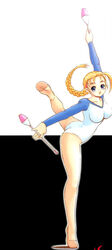  baton batons big_breasts braid braided_hair breasts furinji_miu large_breasts leg_raised leg_up leotard shijou_saikyou_no_deshi_ken&#039;ichi shijou_saikyou_no_deshi_kenichi 