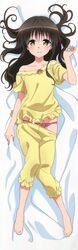  absurdres barefoot black_hair collarbone dakimakura_(medium) female from_above full_body highres long_hair looking_at_viewer lying off_shoulder on_back pajamas pajamas_pull panties parted_lips solo to_love-ru underwear yellow_eyes yuuki_mikan 