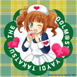  :d ariga_nao armband blue_eyes blush brown_hair candy commentary_request cross female food hat heart heart-shaped_pupils idolmaster idolmaster_(classic) jar jelly_bean little_nurse mentholatum nurse nurse_cap one_eye_closed open_mouth smile solo symbol-shaped_pupils takatsuki_yayoi twintails 