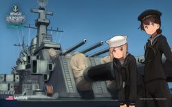  2girls battleship blue_eyes brown_eyes copyright_name dress english_text expressionless highres looking_at_viewer military military_vehicle multiple_girls navy official_art official_wallpaper outdoors sailor_dress shibafu_(glock23) ship smile uss_montana_(bb-67) wargaming_japan warship watercraft world_of_warships 