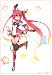  armor blush bodysuit elbow_gloves female flat_chest gauntlets gloves gradient_hair hair_ornament long_hair mitsuka_souji multicolored_hair ore_twintail_ni_narimasu pink_eyes red_hair rule_63 solo star tail_red tailred twintails tyawan very_long_hair 