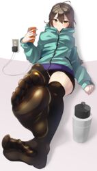  bike_shorts black_thighhighs brown_eyes brown_hair cellphone charger charging_device commentary_request feet female hood hood_down hooded_jacket jacket kazo_(kazozakazo) long_hair long_sleeves looking_at_viewer lying no_shoes on_back original outstretched_foot parka-chan_(kazo) phone shiny_clothes soles solo thighhighs thighs toes 