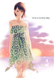  bare_shoulders black_eyes blush brown_hair collarbone commentary_request dress english_text female hirano_katsuyuki holding holding_shoes horizon ikuta_erina jewelry morning_musume necklace photoshop_(medium) real_life shoes short_hair smile solo standing strapless strapless_dress sun 