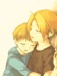  2boys aged_down alphonse_elric bad_id bad_pixiv_id blonde_hair brothers closed_eyes edward_elric fullmetal_alchemist highres kazi male_focus multiple_boys open_mouth saliva siblings sleeping 