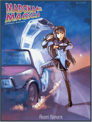  akemi_homura akemi_homura_(magical_girl) argyle_clothes argyle_legwear artist_name back_to_the_future bad_id car character_name delorean female fire gullwing_doors long_hair magical_girl mahou_shoujo_madoka_magica mahou_shoujo_madoka_magica_(anime) motor_vehicle pantyhose parody road signature solo spoilers time_machine tr0yka 