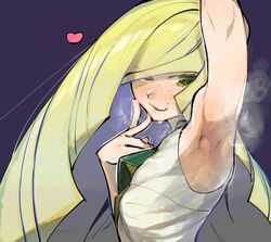  armpits arms_up blonde_hair blunt_bangs blush breasts commentary_request diamond_(gemstone) diamond_(shape) drill_hair eyes_visible_through_hair female gem green_eyes hair_over_one_eye heart heavy_breathing image_sample long_hair lusamine_(pokemon) mafuyu_hemp md5_mismatch no_bra parted_lips pokemon pokemon_sm shirt sleeveless sleeveless_shirt small_breasts smell solo sweat twitter_sample upper_body v very_long_hair wavy_mouth 