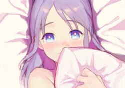  bad_drawr_id bad_id blue_eyes blush female higebu hugging_object inazuma_eleven inazuma_eleven_(series) kudou_fuyuka long_hair looking_at_viewer lying oekaki pillow pillow_hug purple_hair solo upper_body 