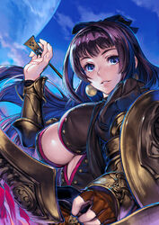  arrow_(projectile) bad_id bad_pixiv_id between_fingers black_hair blue_eyes blush bow_(weapon) breasts brown_gloves ear_ornament female fingerless_gloves gloves grace_(terra_battle) hair_ornament highres holding large_breasts long_hair parted_lips shield simosi smile solo terra_battle unbuttoned weapon 