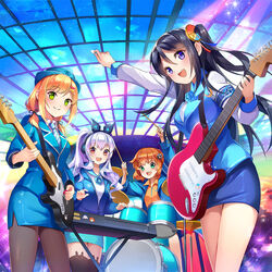  4girls :d animal_ear_headphones animal_ears animal_print ann_(krt_girls) aqua_eyes bad_id bad_pixiv_id band bass_guitar black_hair black_legwear blush brown_eyes brown_hair drum drum_set drumsticks electric_guitar emilia_(krt_girls) fake_animal_ears female_service_cap formal green_eyes grey_hair guitar hair_ornament hat headphones instrument jacket keyboard_(instrument) krt_girls long_hair looking_at_viewer multiple_girls nana_(krt_girls) necktie open_mouth pantyhose pencil_skirt photoshop_(medium) ponytail purple_eyes rabbit_ear_headphones rabbit_ears short_hair skirt skirt_set smile stella_chen_yui suit teeth thighhighs twintails xiao_qiong 