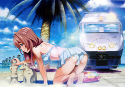  absurdres all_fours ass bare_legs bare_shoulders barefoot beach bikini bikini_skirt blue_bikini breasts brown_eyes brown_hair female hair_intakes hakatanmon highres innertube koumi_haruka large_breasts lens_flare long_hair moai outdoors palm_tree photoshop_(medium) rail_wars! scan smile solo swim_ring swimsuit train tree 