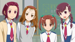  4girls :d arms_behind_back blue_skirt braid brown_eyes brown_hair bulletin_board cardigan chalkboard classroom closed_mouth collared_shirt commentary_request flat_chest hair_bobbles hair_ornament hairband happy head_tilt height_difference high-waist_skirt indoors kanemoto_hiroko kashimoto_mayuka light_smile long_hair long_sleeves looking_at_viewer multiple_girls nanairogaoka_middle_school_uniform necktie okada_mayu onoushiro_kiyomi open_cardigan open_clothes open_mouth oprecho9 parted_bangs pink_necktie precure purple_eyes purple_hair school_uniform shirt short_hair short_twintails skirt smile smile_precure sweater_vest twin_braids twintails upper_body wavy_hair white_shirt 