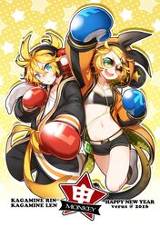  1boy 2016 ;d animal_hood bandaid bandaid_on_face bandaid_on_nose bandeau blonde_hair blue_eyes boxing_gloves character_name chinese_zodiac commentary_request digital_media_player earbuds earphones female happy_new_year hood hoodie kagamine_len kagamine_rin monkey_hood monkey_tail new_year one_eye_closed open_mouth short_shorts shorts smile star_(symbol) strapless sunglasses tail towel verus vocaloid year_of_the_monkey 