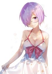  bad_id bad_pixiv_id bare_shoulders blush bow breasts cherim cleavage closed_mouth dress dress_bow dress_swimsuit fate/grand_order fate_(series) female glasses hair_over_one_eye highres large_breasts looking_at_viewer mash_kyrielight mash_kyrielight_(swimsuit_of_perpetual_summer) official_alternate_costume pink_bow purple_eyes purple_hair short_hair simple_background smile solo white_background white_dress 