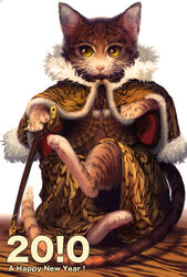  2010 animal animal_focus bad_id bad_pixiv_id cane cloak feline highres new_year no_humans original sitting yellow_eyes yuanmaru 