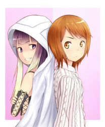  2girls aran_sweater bad_id bad_pixiv_id black_hair black_shirt blonde_hair bright_pupils brown_eyes brown_hair cable_knit coat coat_on_head cross-laced_clothes cross-laced_sleeves cross-laced_top dress gradient_hair highres hood hooded_coat k@ito90p kinuhata_saiai kuroyoru_umidori lace-up lace-up_sleeves lace-up_top multicolored_hair multiple_girls shirt sweater sweater_dress toaru_majutsu_no_index toaru_majutsu_no_index:_new_testament trench_coat two-tone_hair white_coat white_pupils white_sweater 