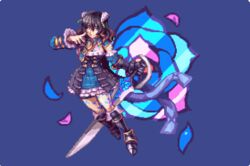  abysswolf black_hair bloodstained:_ritual_of_the_night blue_background blue_eyes boots brown_hair commentary_request crossed_bangs detached_sleeves dress female finger_to_cheek flower_(symbol) frilled_dress frills full_body gauntlets horns knee_boots miriam_(bloodstained) multicolored_hair pixel_art short_hair solo sword weapon 