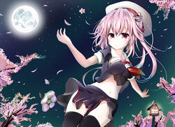  black_serafuku black_thighhighs blush breasts cherry_blossoms collarbone commentary_request female flower full_moon harusame_(kancolle) highres kantai_collection kuromiko_shoujo large_breasts long_hair looking_at_viewer moon navel neckerchief night night_sky parted_lips petals pink_eyes pink_hair red_neckerchief school_uniform serafuku side_ponytail skirt sky solo star_(sky) starry_sky thighhighs torn_clothes torn_skirt 