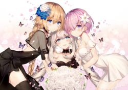  3girls bad_source bare_shoulders blonde_hair blue_eyes blush bouquet braid breasts bug butterfly cleavage dress fate/grand_order fate_(series) flower girl_sandwich grey_hair hair_flower hair_ornament hair_over_one_eye jeanne_d&#039;arc_(fate) jeanne_d&#039;arc_(formal_dress)_(fate) long_hair looking_at_viewer marie_antoinette_(fate) marie_antoinette_(formal_dress)_(fate) mash_kyrielight mash_kyrielight_(formal_dress) medium_breasts multiple_girls necomi official_alternate_costume open_mouth purple_eyes purple_hair sandwiched short_hair signature single_braid smile twintails 