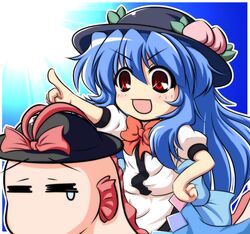  :d =_= blue_hair bow commentary_request female fish food fruit hand_on_own_hip hat hinanawi_tenshi long_hair nagae_iku nagae_iku_(fish) nullpooo oarfish open_mouth peach pointing red_eyes riding smile tears touhou v-shaped_eyebrows 