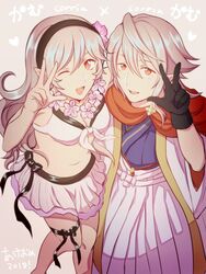  1boy bikini breasts commentary_request corrin_(female)_(fire_emblem) corrin_(female)_(summer)_(fire_emblem) corrin_(fire_emblem) corrin_(male)_(fire_emblem) corrin_(male)_(new_year)_(fire_emblem) dual_persona est_tm female fire_emblem fire_emblem_fates fire_emblem_heroes floral_print flower hairband hakama hakama_skirt japanese_clothes kimono long_hair looking_at_viewer medium_breasts obi official_alternate_costume one_eye_closed open_mouth pointy_ears red_eyes sash short_hair skirt smile swimsuit white_hair wide_sleeves yukata 