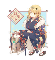  ^_^ alternate_costume animal arrow bangs blonde_hair blush breasts canine closed_eyes clothed_animal cloud cosplay floral_print full_body fur_trim gem geta hairband hamaya happy highres hikari_(xenoblade_2) japanese_clothes kimono large_breasts long_hair long_sleeves nian obi print_kimono rex_(xenoblade_2) rex_(xenoblade_2)_(cosplay) sash smile socks solo squatting swept_bangs tabi translation_request white_legwear wide_sleeves xenoblade_(series) xenoblade_2 yellow_eyes yellow_hairband 