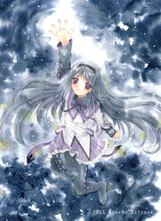  akemi_homura akemi_homura_(magical_girl) argyle_clothes argyle_legwear bad_id bad_pixiv_id black_hair black_pantyhose female hairband high_heels long_hair magical_girl mahou_shoujo_madoka_magica mahou_shoujo_madoka_magica_(anime) mitsuha_koharu open_mouth outstretched_hand painting_(medium) pantyhose pleated_skirt purple_eyes purple_skirt shoes skirt solo traditional_media watercolor_(medium) 